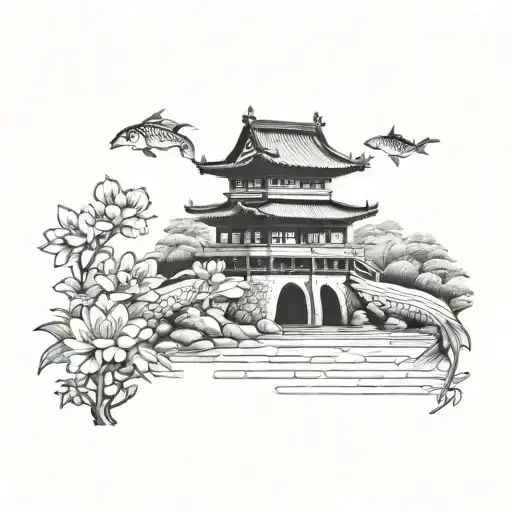 two Japanese carp and Japanese flowers Japanese castle with a road and a lake and a river with a bridge tattoo design idea