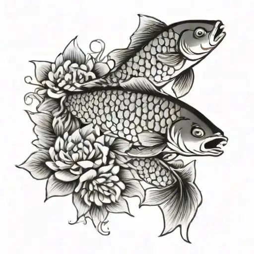 two Japanese carp and Japanese flowers  tattoo design idea