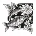 two Japanese carp and Japanese flowers  tattoo design idea