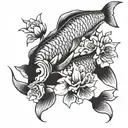 two Japanese carp and Japanese flowers  tattoo design idea