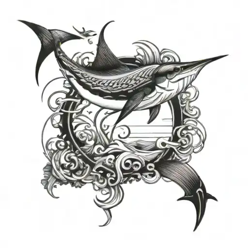 A detailed blackwork tattoo of a majestic marlin jumping out of the water, surrounded by intricate waves and fish hooks tattoo design idea