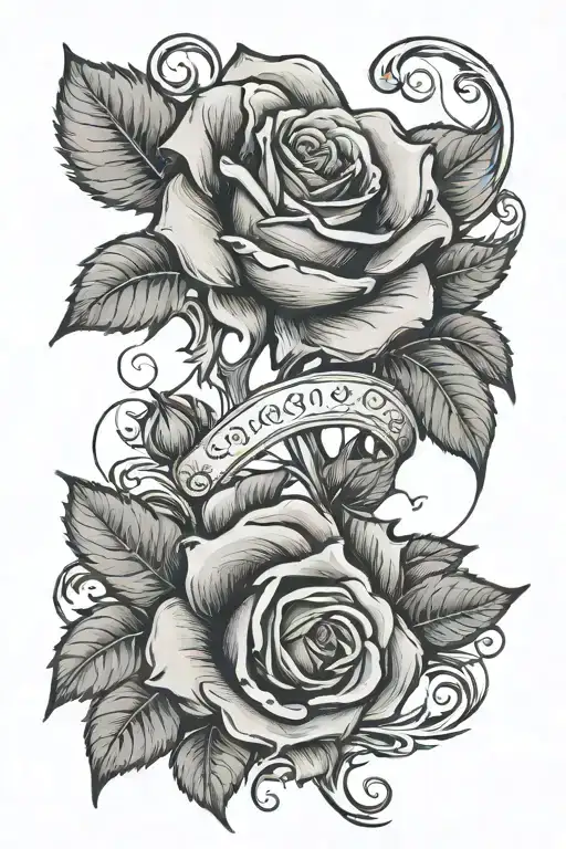 A rose with a scroll that has "Enzo" on. Also have a scroll beneath the name scroll with "XVIII . VI . MMXXII" on it. tattoo design idea