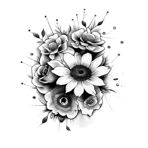 Incorporate elements of both the February and November flowers in a black-grey design tattoo design idea
