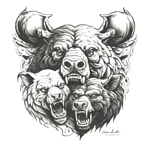 raging bull and roaring bear blended back to back tattoo design idea