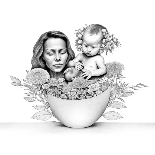 A black and grey portrait of a mother and child surrounded by a garden of vibrant flowers, capturing the nurturing essence of motherhood tattoo design idea