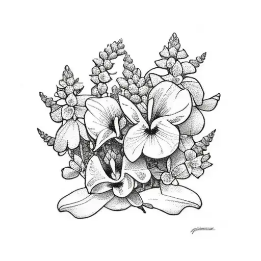 art Nouveau floral lupine and viola flowers tattoo design idea