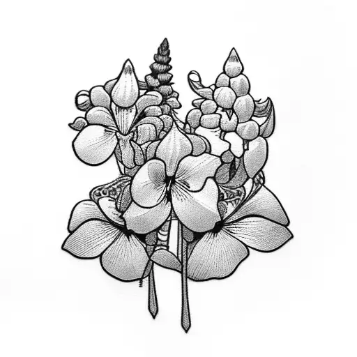 art Nouveau floral lupine and viola flowers tattoo design idea
