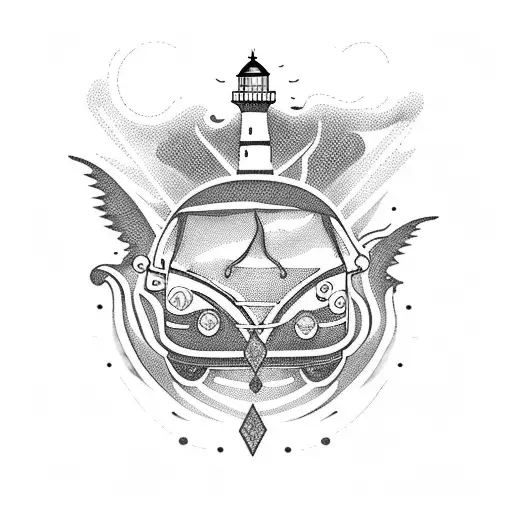 vw bus lighthouse ocean mountain book tattoo design idea