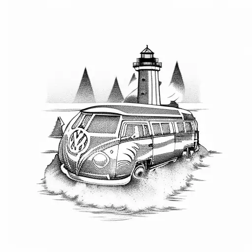 vw bus lighthouse dogwood mountain ocean tattoo design idea