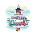 vw bus lighthouse ocean mountain book tattoo design idea
