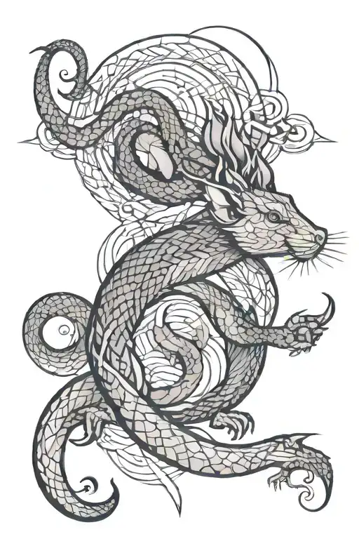 Create a tattoo design that incorporates a rat, dragon, pig, and snake.  tattoo design idea