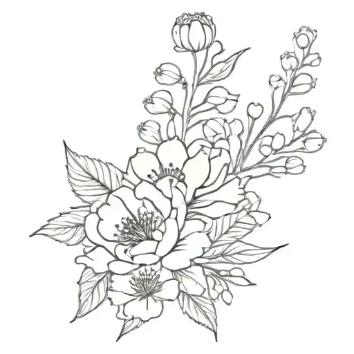 bouquet of flowers, carnation, snow drop, peony, chrysanthemum, lily of the valley, hawthorn, black, fine line tattoo, tattoo design idea