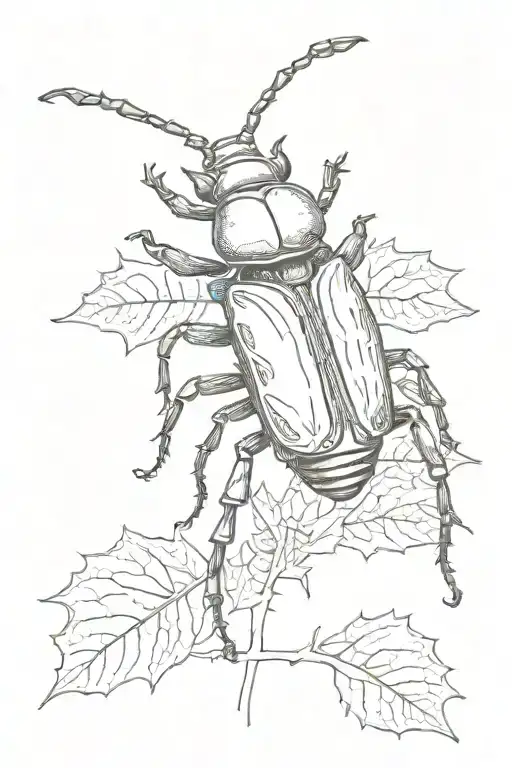 stag beetle in front of pretty leaf tattoo design idea