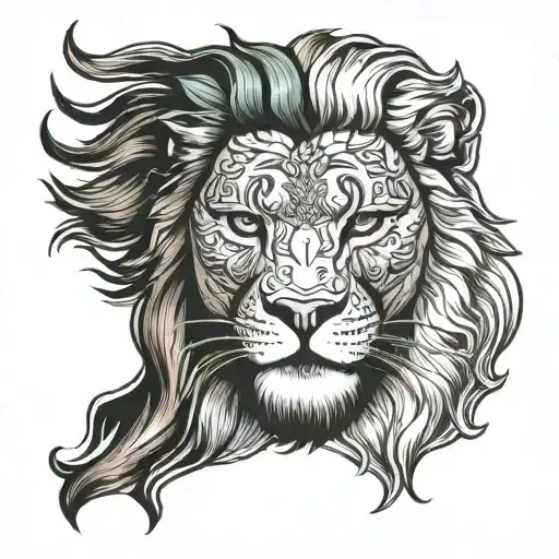 half lion and half man face, iron and mountain in background tattoo design idea
