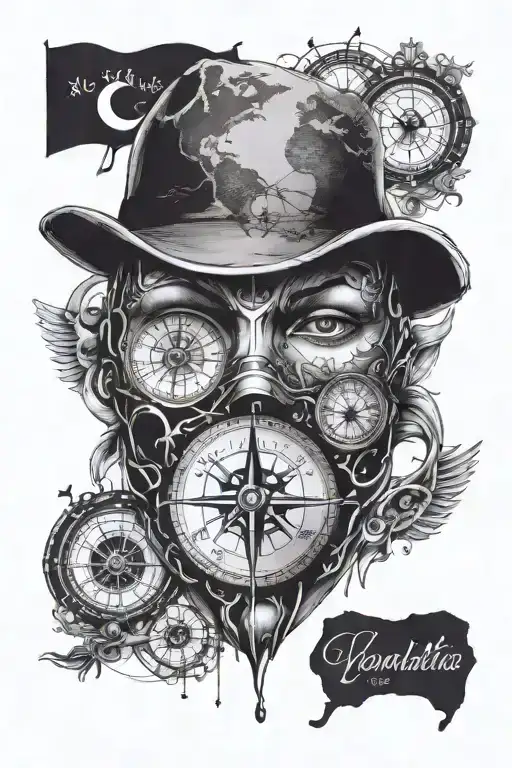 vendetta mask with a face behind, a world map with a compass on top and an eye with a clock inside tattoo design idea