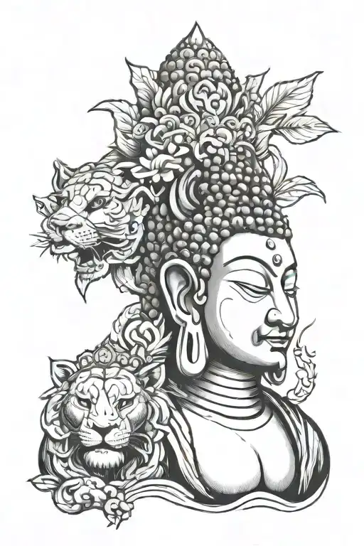 buddha head, Lion, mountain tattoo design idea