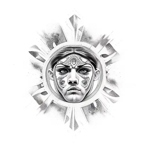broke greek face with sun  tattoo design idea