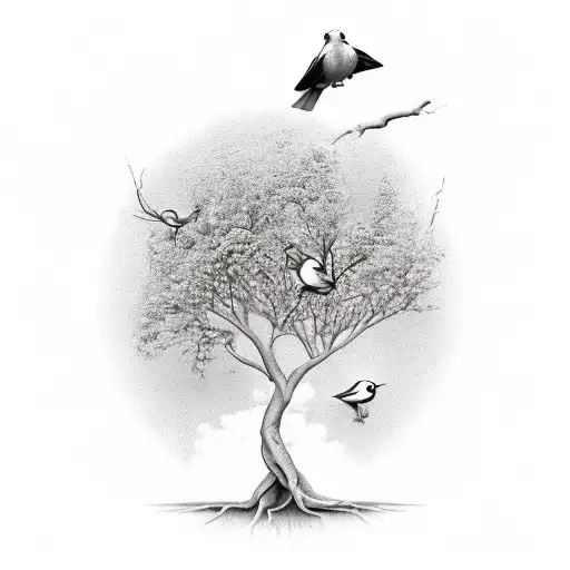tree with canary, 2 doves, robin tattoo design idea