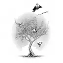 tree with canary, 2 doves, robin tattoo design idea