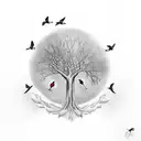 tree with canary, 2 doves, robin tattoo design idea