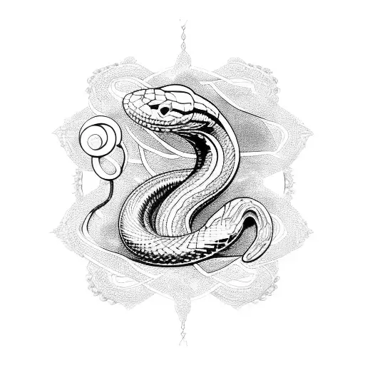 A snake coiled around a guitar neck, with the body forming intricate patterns and musical symbols tattoo design idea