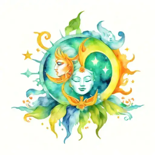 A celestial scene with the sun and moon embracing, surrounded by flames and peridot stones scattered throughout, symbolizing the client's astrological signs and elements tattoo design idea