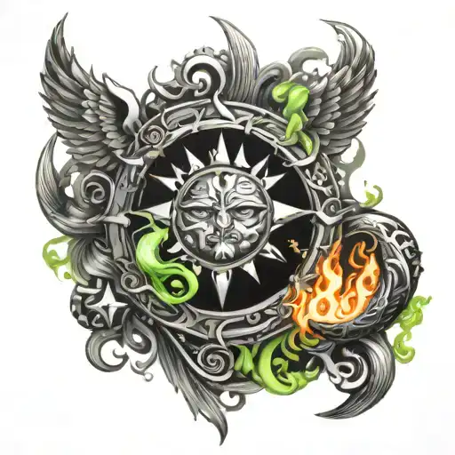 A celestial scene with the sun and moon embracing, surrounded by flames and peridot stones scattered throughout, symbolizing the client's astrological signs and elements tattoo design idea