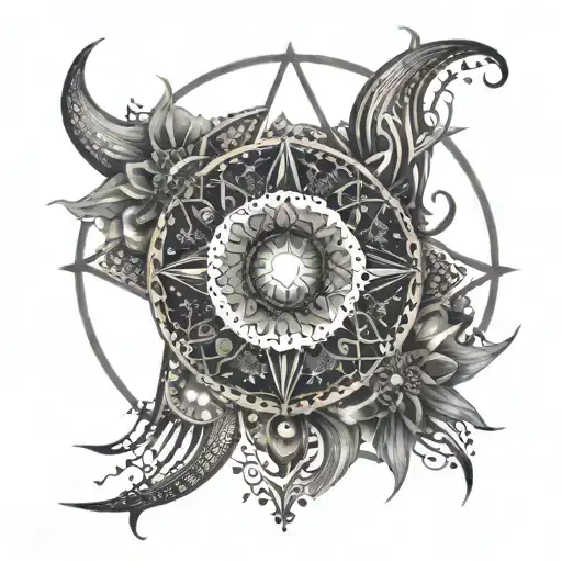 A cosmic mandala design incorporating elements of Leo, Gemini, fire, the sun, and peridot, with waning crescent moons adding a mystical touch tattoo design idea