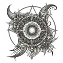 A cosmic mandala design incorporating elements of Leo, Gemini, fire, the sun, and peridot, with waning crescent moons adding a mystical touch tattoo design idea