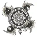 A cosmic mandala design incorporating elements of Leo, Gemini, fire, the sun, and peridot, with waning crescent moons adding a mystical touch tattoo design idea