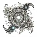 A cosmic mandala design incorporating elements of Leo, Gemini, fire, the sun, and peridot, with waning crescent moons adding a mystical touch tattoo design idea