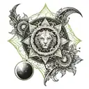 A cosmic mandala design incorporating elements of Leo, Gemini, fire, the sun, and peridot, with waning crescent moons adding a mystical touch tattoo design idea