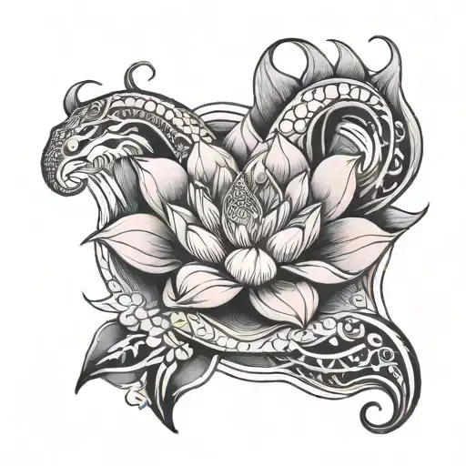 pink lotus with ouroboros snake on waves flowing tattoo design idea