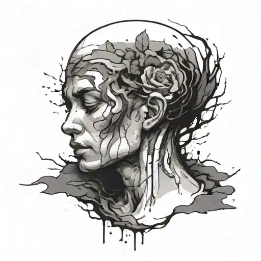 A tattoo design featuring a melancholic face surrounded by earth and dirt elements, symbolizing loneliness and emotions tattoo design idea