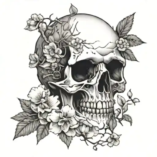 A skull surrounded by blooming crepe myrtle flowers, symbolizing the beauty and fragility of life tattoo design idea