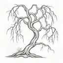 A tattoo of a weeping willow tree with bones intertwined in its branches, representing sadness and hidden meanings   tattoo design idea