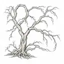 A tattoo of a weeping willow tree with bones intertwined in its branches, representing sadness and hidden meanings   tattoo design idea