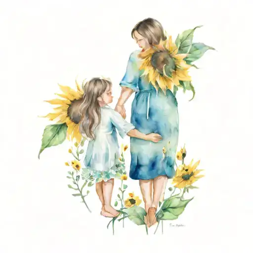 mommy and daughter holding hands sunflowers around and bees flying tattoo design idea