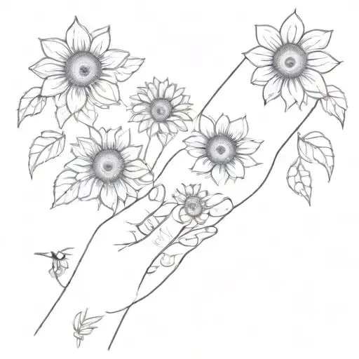 A minimalist tattoo of a mother and daughter holding hands surrounded by sunflowers and bees tattoo design idea