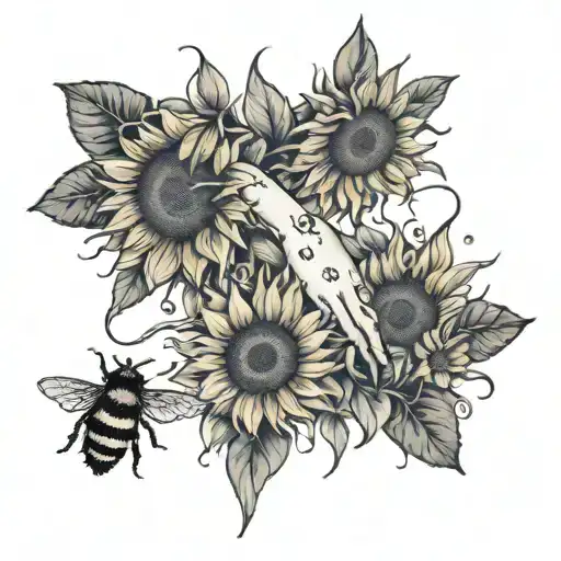 mommy and daughter holding hands sunflowers around and bees flying. show only hands tattoo design idea