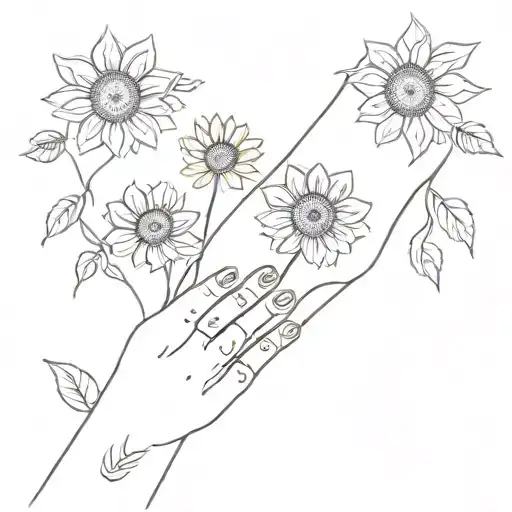 A minimalist tattoo of a mother and daughter holding hands surrounded by sunflowers and bees tattoo design idea