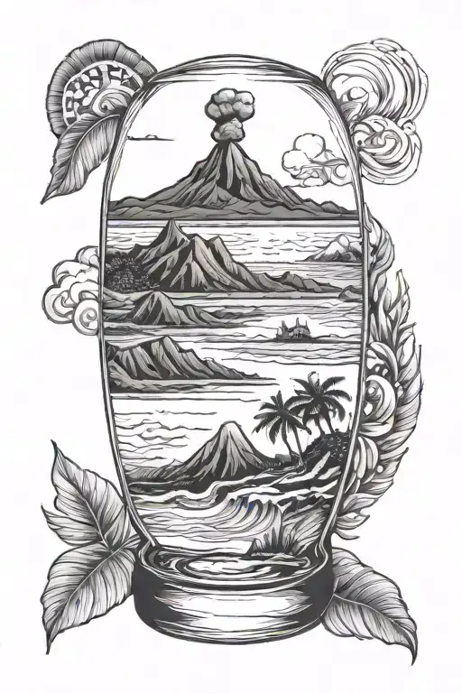the landscape of Reunion Island with volcanoes, mountains, and sea in a bottle of rum tattoo design idea
