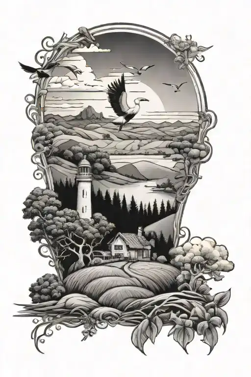An intricate landscape tattoo showcasing a panoramic view of a serene countryside with fields, forests, and a family of storks flying in the sky tattoo design idea