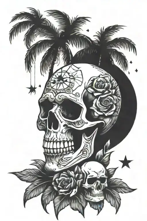 skull rosses coconut tree stars sun setting sun by the sea tattoo design idea