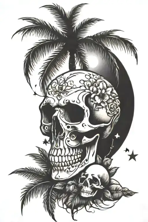 skull rosses coconut tree stars sun setting tattoo design idea