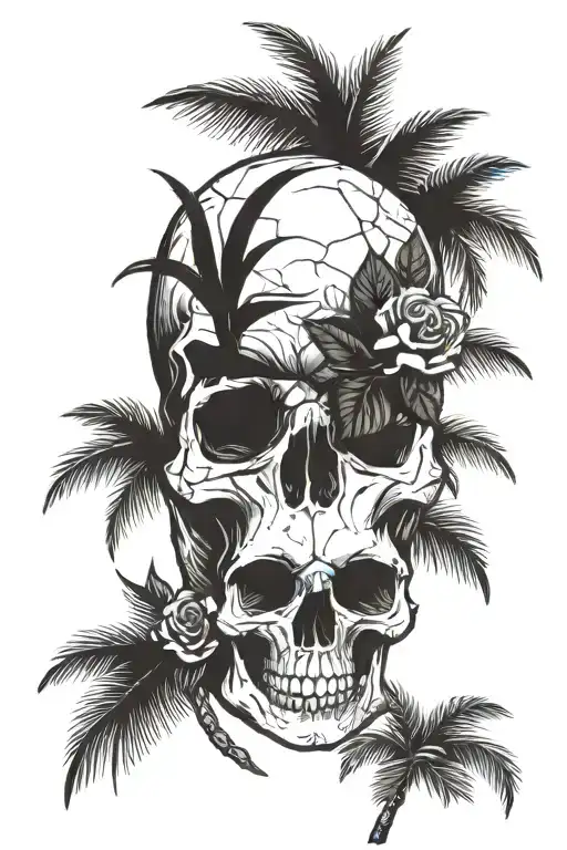 skull roses coconut tree growing tattoo design idea