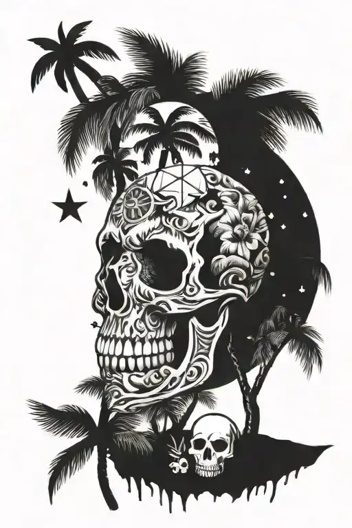 skull rosses coconut tree stars sun setting tattoo design idea