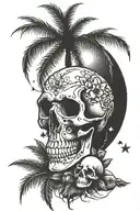 skull rosses coconut tree stars sun setting tattoo design idea