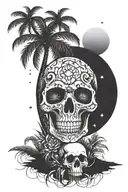 skull rosses coconut tree stars sun setting tattoo design idea