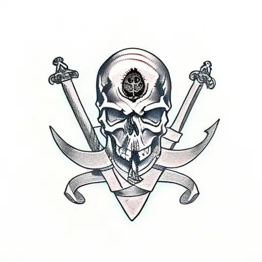 skull and swords with the quote "dead men tell no tales" tattoo design idea